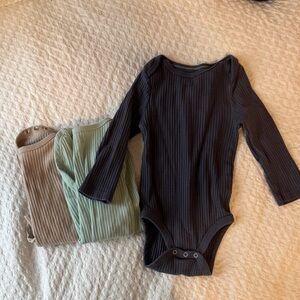 cloud island Ribbed Long-Sleeve One-Piece Bodysuits - Black, Sage, Taupe